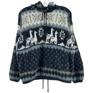 Ruminahui Alpaca Navy Blue Alpaca Wool Full Zip Hooded Sweater Unisex Small